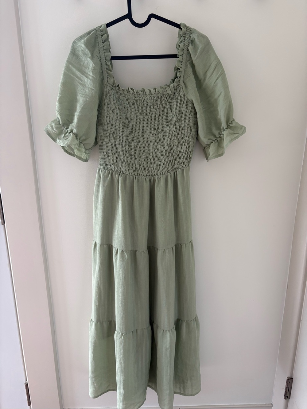 Smocked Square-Neck Midi Dress in Sage Green